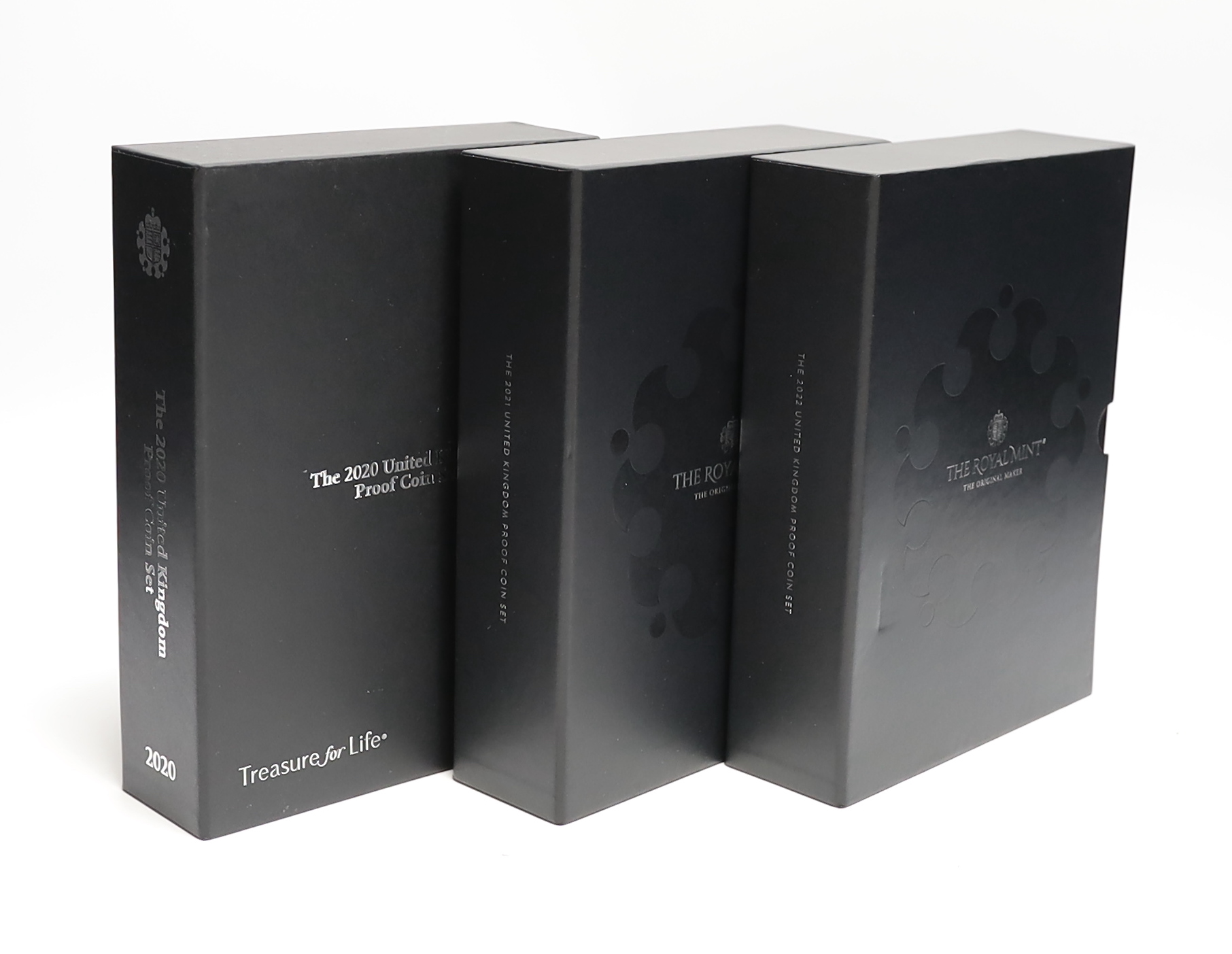 Three Royal Mint UK QEII Proof coin sets for 2020, 2021 and 2022, each containing definitive and commemorative coins, 3 cases